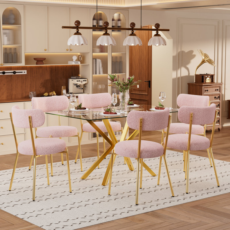 Ensemble de table de salle à manger en verre avec chaises en tissu Teddy, 1 table + 6 chaises, Doré, Rose