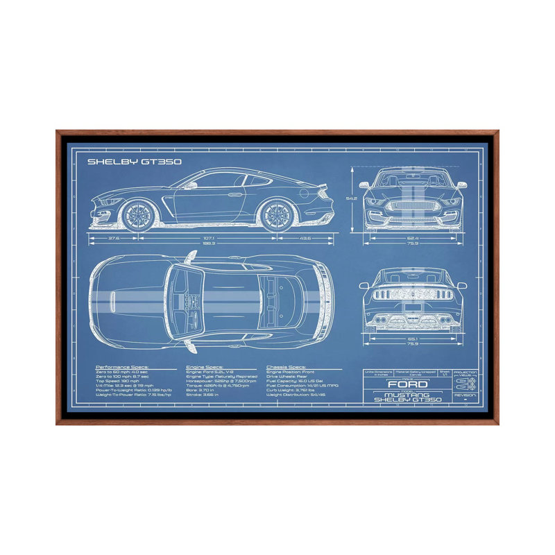 GT350 Shelby (2015-2019) Blueprint-impression de dessin, Pas de tapis, Toile avec cadre en bois brun classique