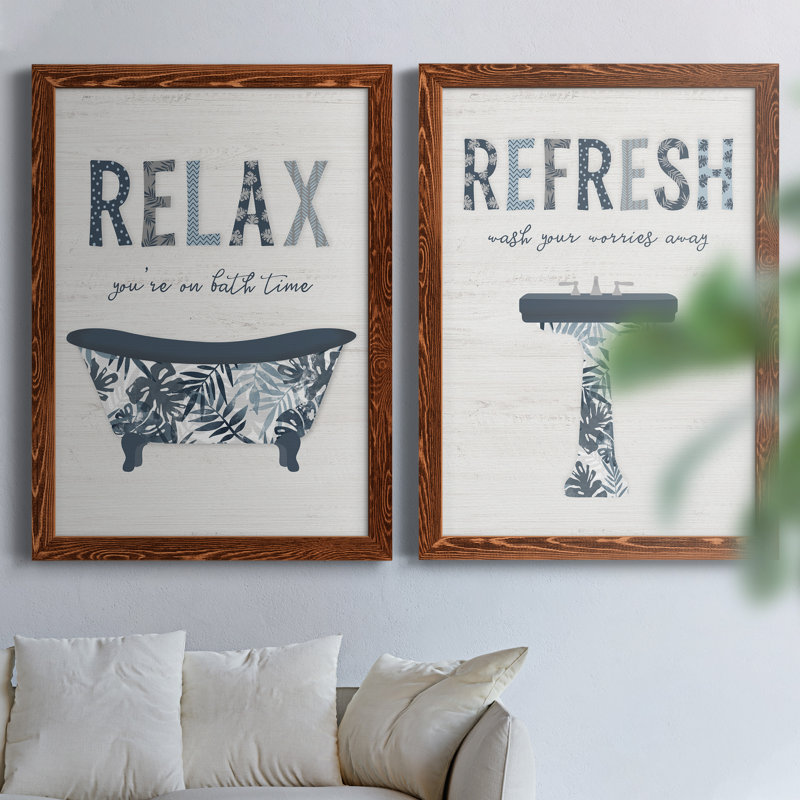 Palm Bath I - Ensemble de 2 encadrements d'art textuel sur toile, H 31,5 po x l 47 po x P 1,5 po, Toile avec cadre érable