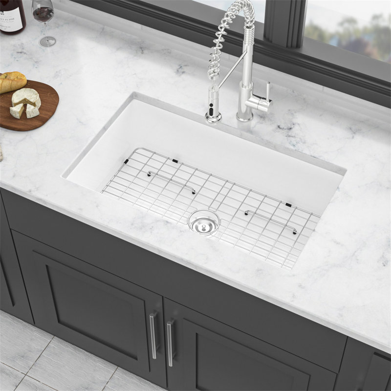 32" White Ceramic Undermount Single Bowl Kitchen Sink