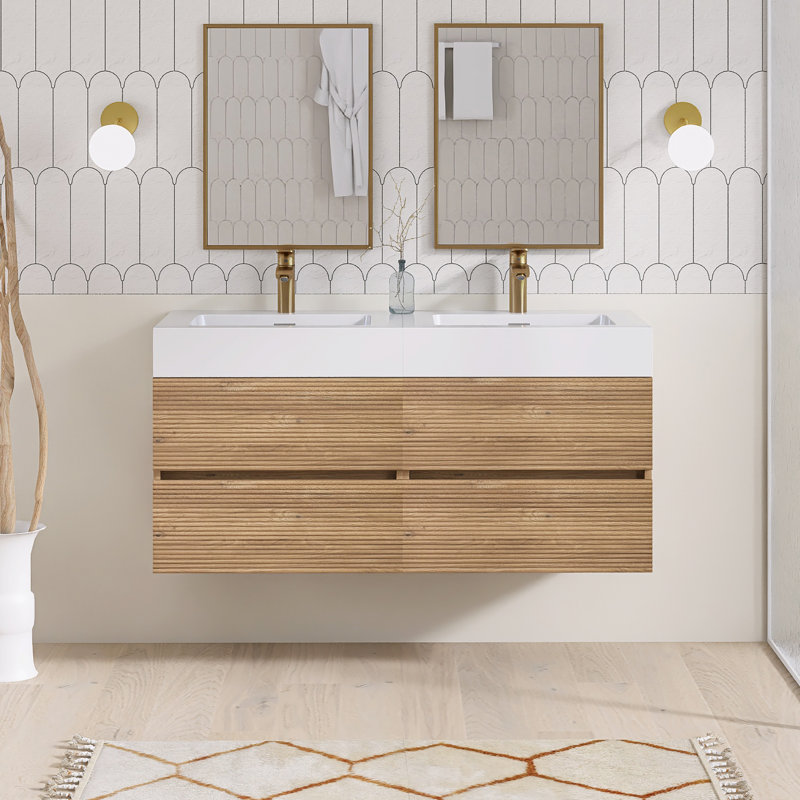 Meuble-lavabo mural double 48 po avec surface solide 48 po, Chêne, 48"