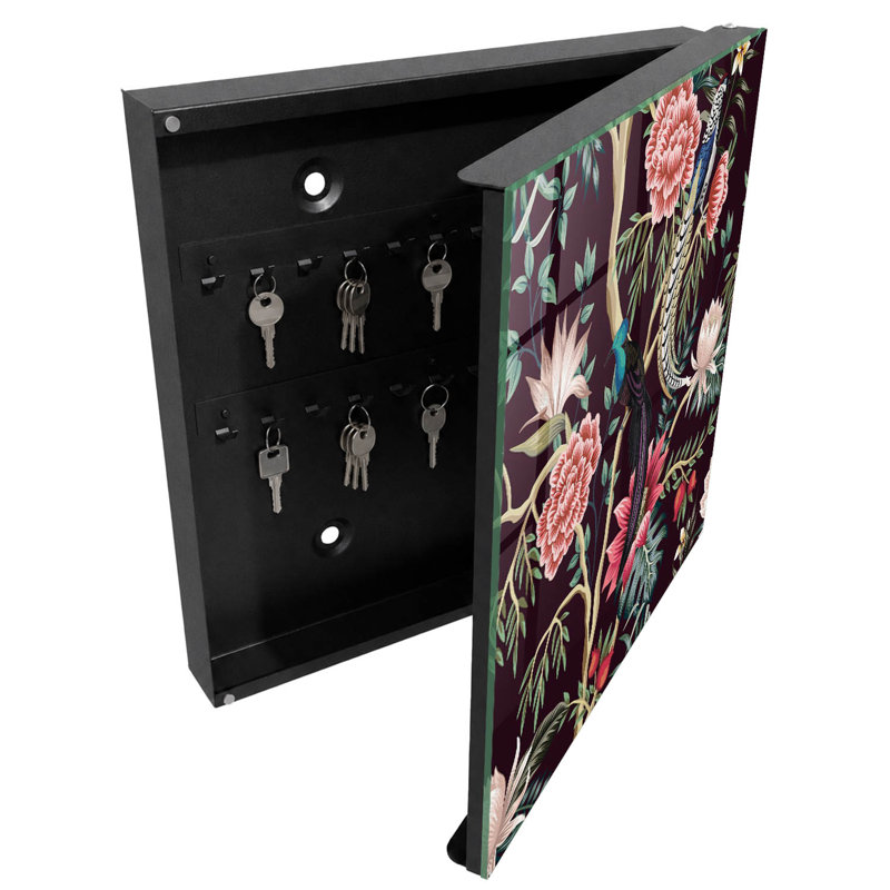 Key box, Opens to the left, 30x30x5, Black, Exoticism with birds and colorful flowers full of grace, 