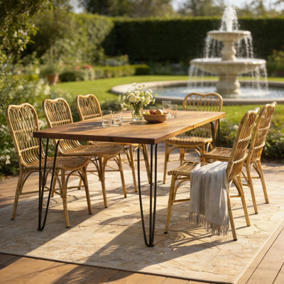 Ensemble de salle à manger d'extérieur 7 pièces pour 6 tables rectangulaires en bois d'acacia de 72 pouces avec chaises en rotin