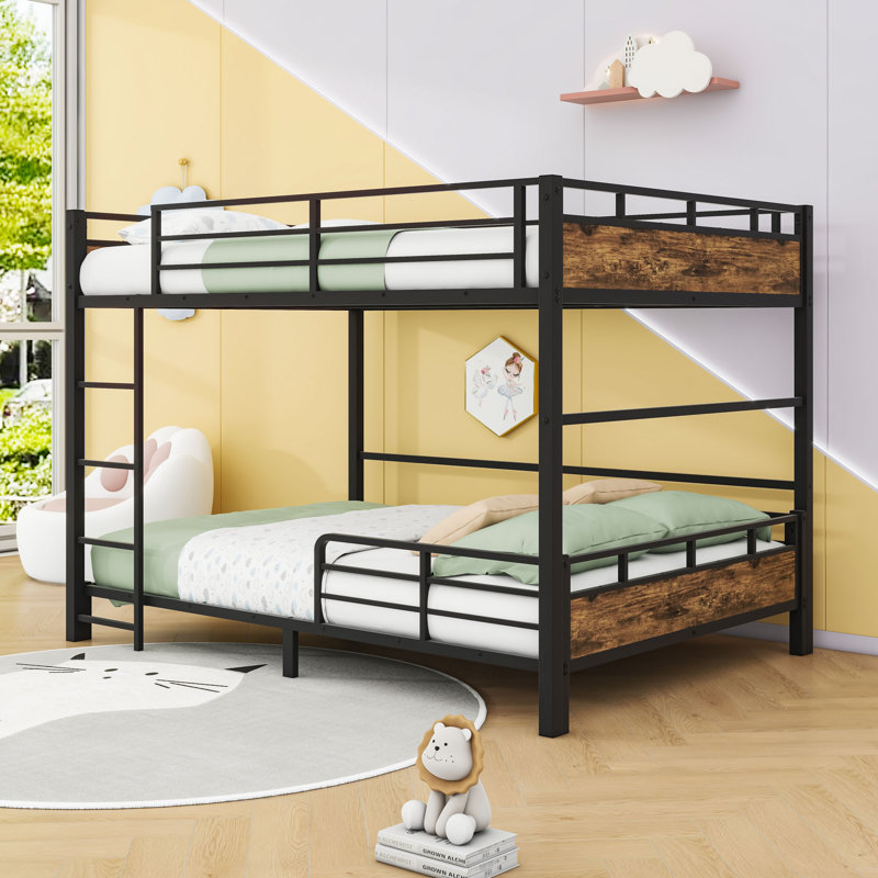 Metal Bunk Bed With Easy Convertibility And Ladder, Vintage Wood, Full XL Over Full XL