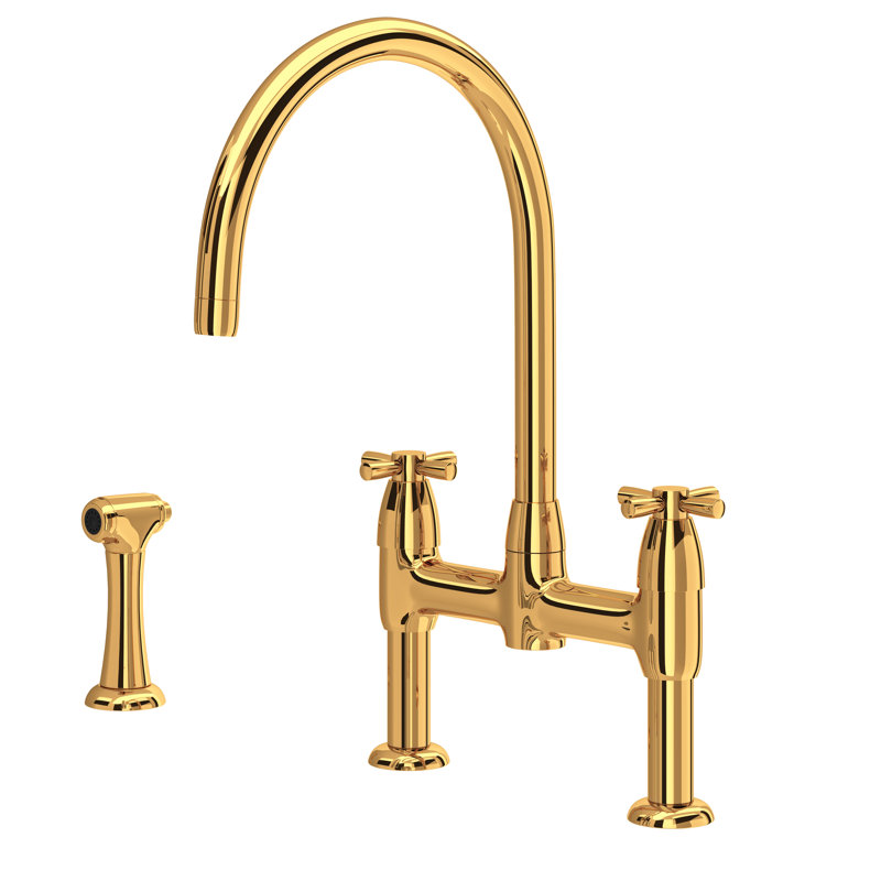 Holborn Bridge Kitchen Faucet With C-Spout and Side Spray, English Gold, Cross