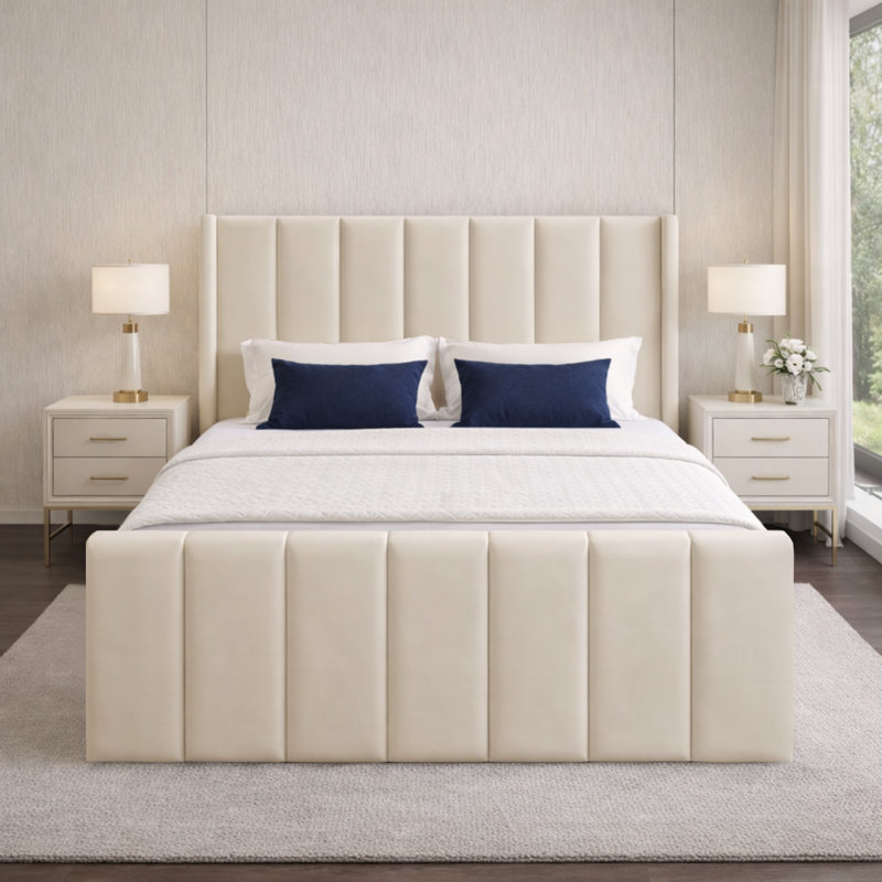 Premium Wingback Storage Bed Frame, King (5'), Cream