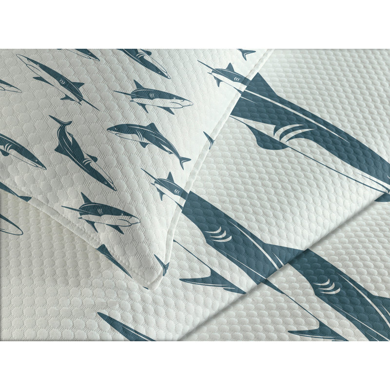 Ambesonne Shark Bedspread Set Dangerous Underwater Slate Blue and Eggshell, Queen Coverlet / Bedspread + 2 Standard Shams