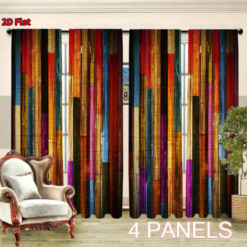 4Pcs Color Wood Grain Retro Geometric Scenery, Adopting Pocket Pole Installation, Digital Printing Curtains, Suitable for Living Room, Kitchen, Bedroom, Study, Bathroom, Hotel, Dining, Home Decoration
