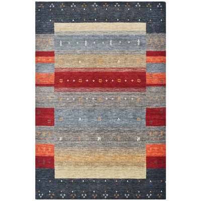 Hand Knotted Wool Area Rug in Black/Gray/Red/Beige