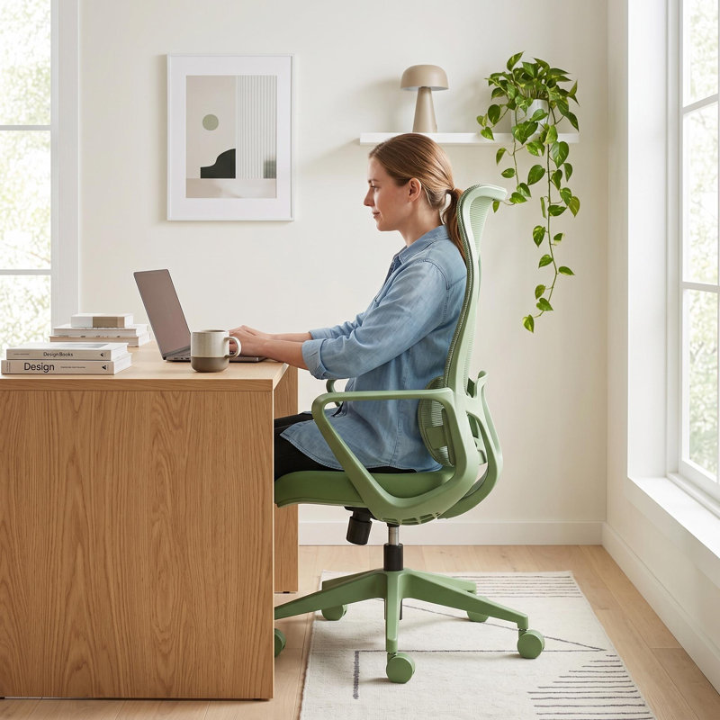 Chaise de travail ergonomique en maille à haut dossier avec support lombaire à 7 niveaux, Vert olive