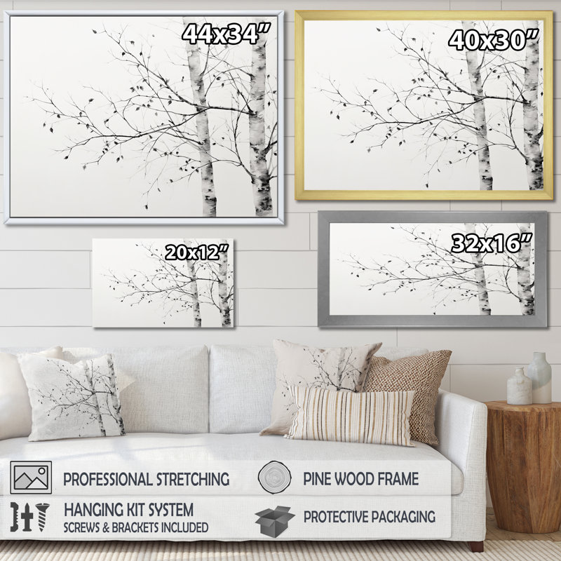 Arbre gris minimalisme bouleau II sur toile, H 24 po x l 32 po x P 1 po, Cadre photo noir simple