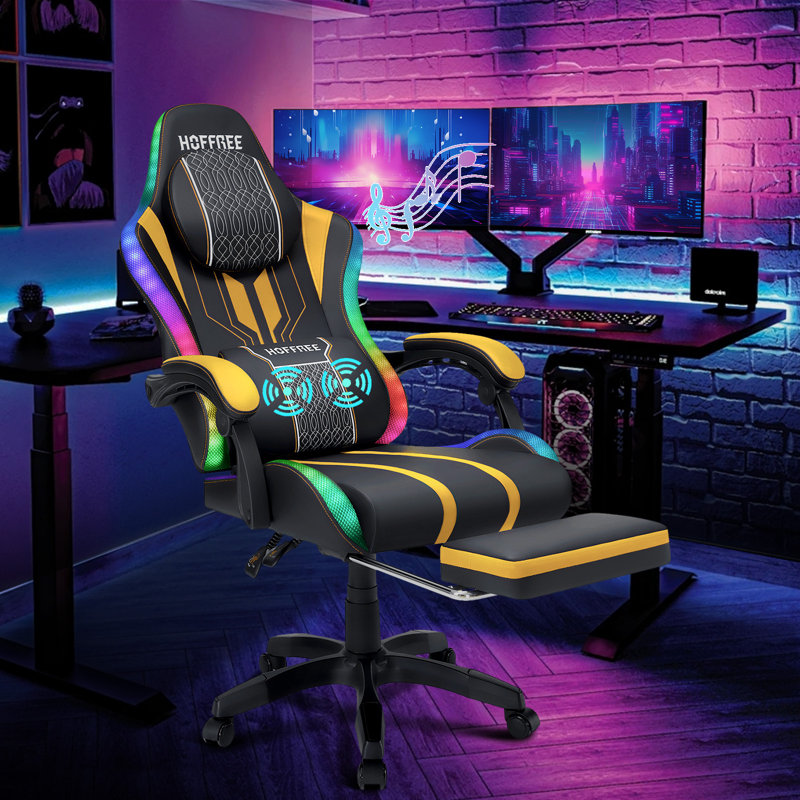  Ergonomic Gaming Chair with Speakers RGB LED Lights and Massage, White