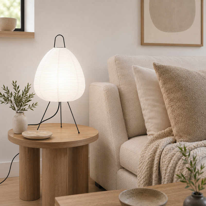 Lampe de table minimaliste en papier avec base trépied, lumière ambiante douce