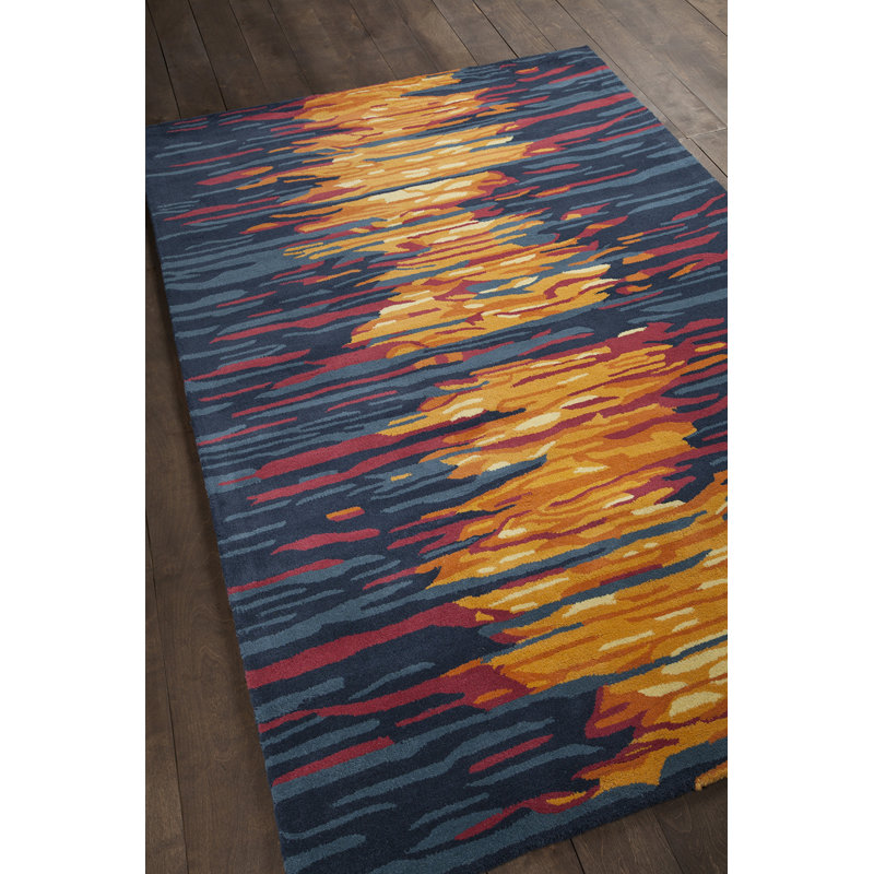 Tapis bleu horizon, orange et or en laine touffeté à la main Cloral Authentic, Rectangulaire 8 pi x 10 pi