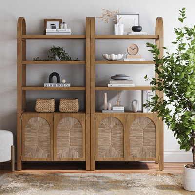 Cicley Arched 3-Tier Bookshelf With Seagrass Cabinet Base