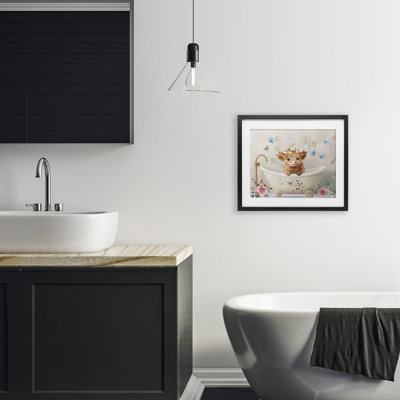Baby Cattle in Floral Tub Framed Print Under Glass, design by Shawna Stewart