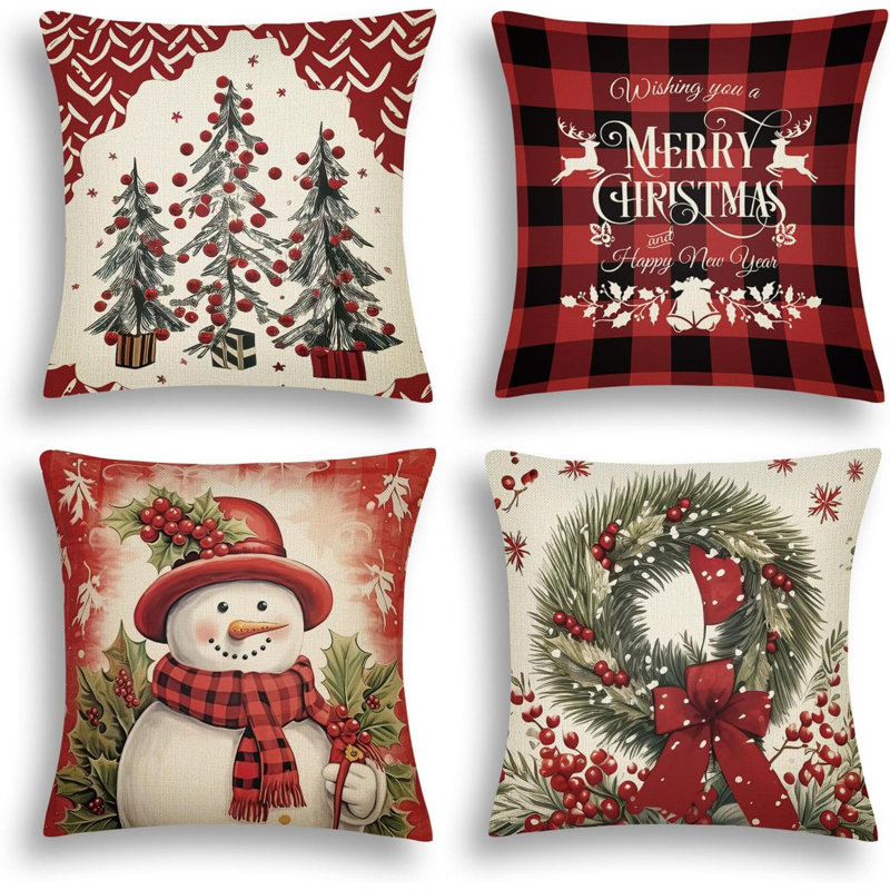 Ensemble de 4 housses de coussin de Noël de 18 x 18, housses de coussin décoratives de Noël à motif écossais rouge vintage