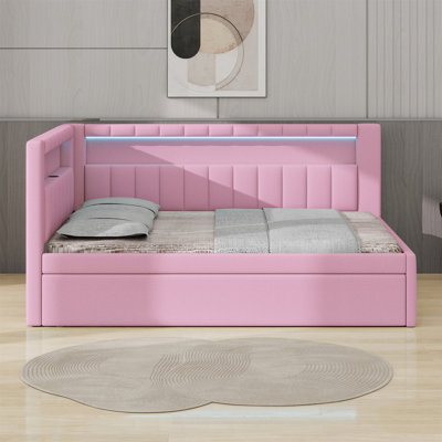 Upholstered Platform Bed With USB Ports And LED Belt, With Trundle