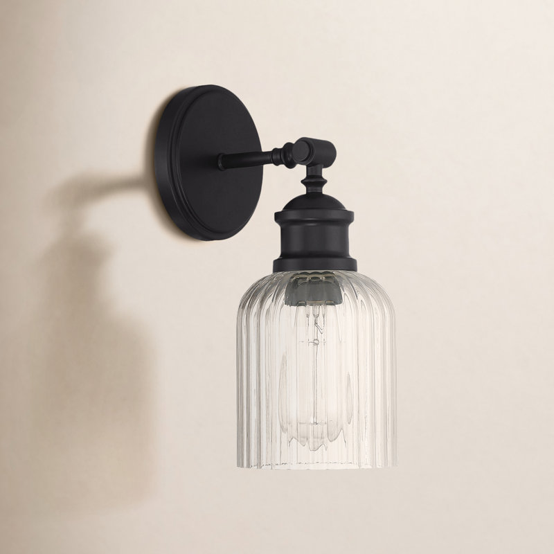 Ria Dimmable Ribbed Glass and Metal Armed Sconce, Black