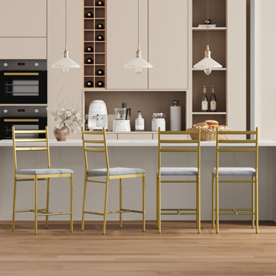 Set of 4 Gold Bar Stools, Faux Leather Upholstered with Back & Footrest, 250Lbs Capacity, 4" Thick Cushion Counter Height for Kitchen Island