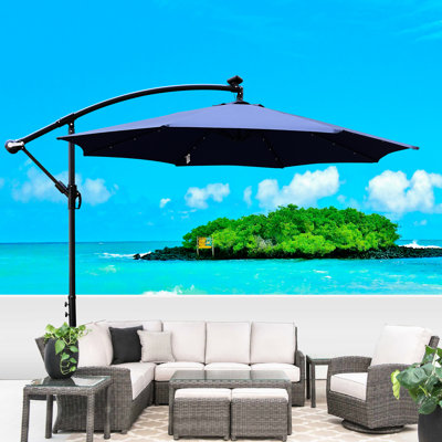 Parasol de patio de 10 pi avec lumières à énergie solaire - eau, 8 nervures, manivelle, base croisée pour terrasse de jardin, piscine extérieure à DEL colorfast, piscine