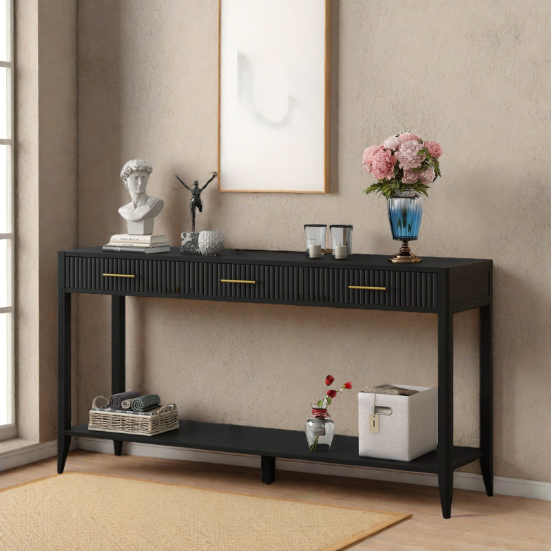 Elegant Console Table With Three Drawers And Smooth Lines, Black