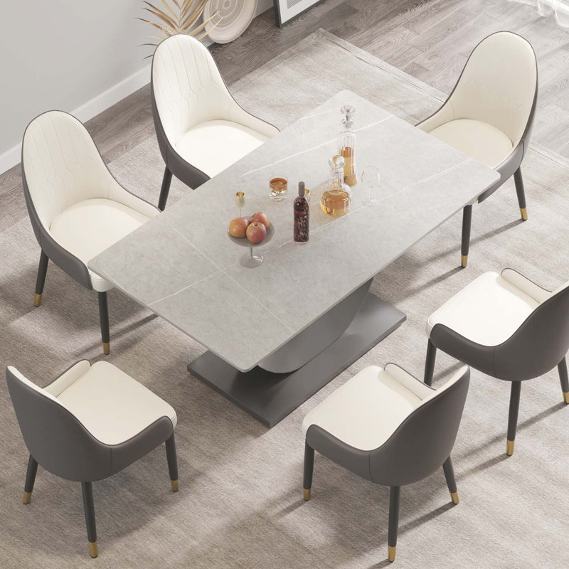 Kentrez Stone Top Metal Base Dining Table, Gray, 35.43" W x 63" L