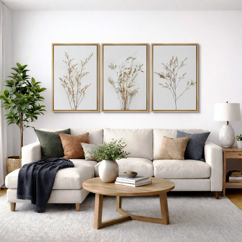 Minimal Botanical "Neutral Wildflowers Floral Artwork, Simple Organic Modern Wall Pictures, Large Framed Canvas Giclee Print 3 Pieces Wall Art Set"   16x24x3 pcs, 24x36x3 pcs