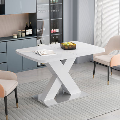 Table de salle à manger rectangulaire moderne, extensible, plateau de table blanc + pied de table en MDF en X avec base en métal