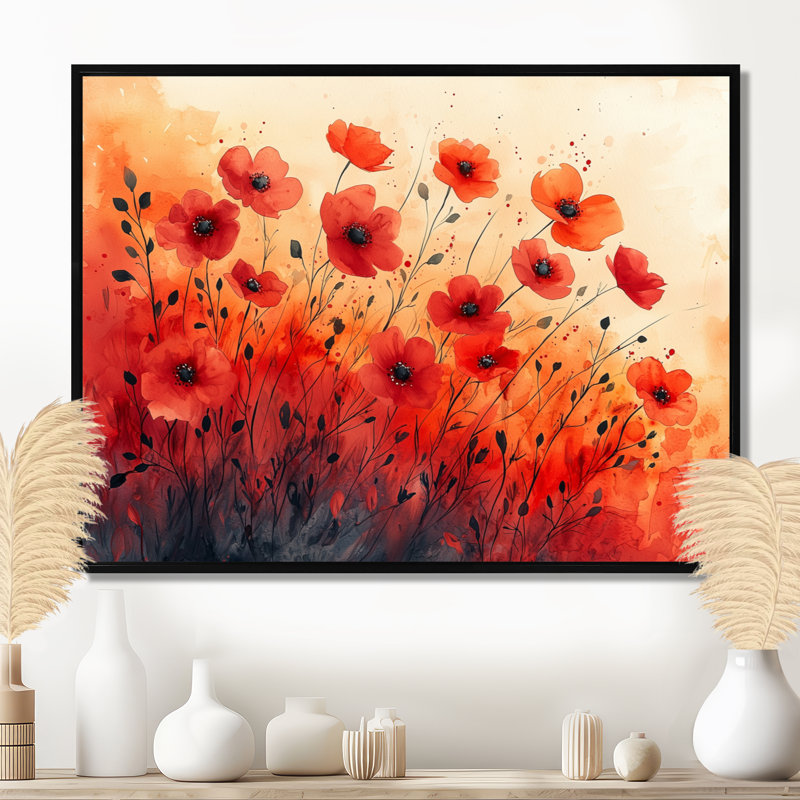 «Autumn Dance Of The Sunset Poppies III» - Art mural coquelicots, 24" H x 32" W, Cadre flottant noir