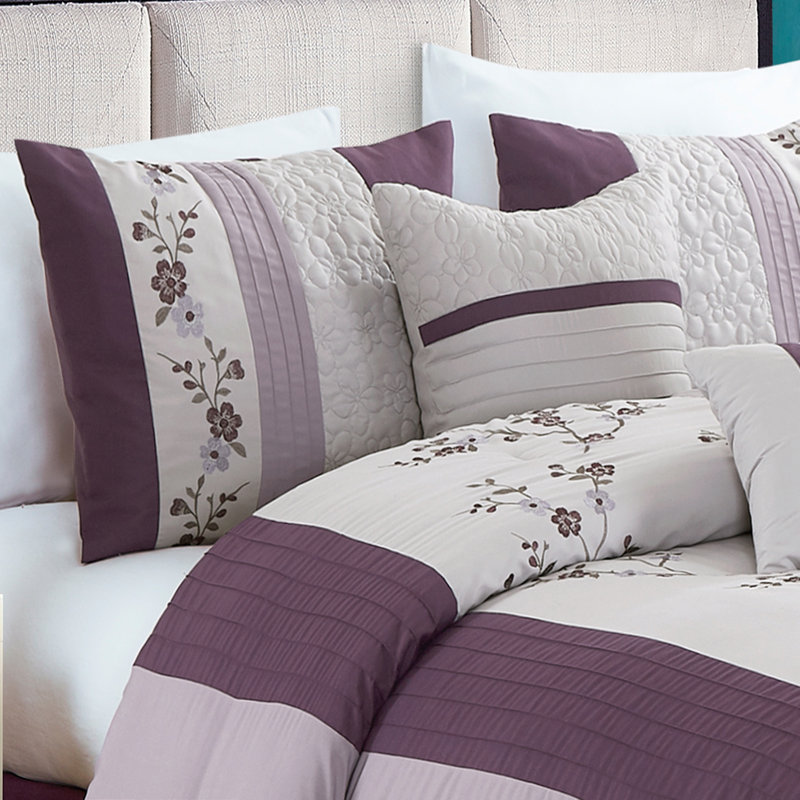 Full Purple and Lavender Floral Embroidery Comforter Set