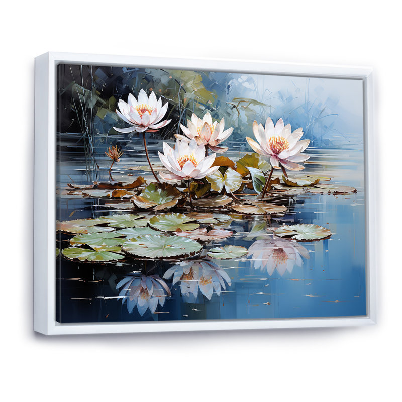 «Reflection Lotus Stillness Meditation I», art mural sur toile Lotus, Cadre flottant blanc, H 30 po x l 40 po