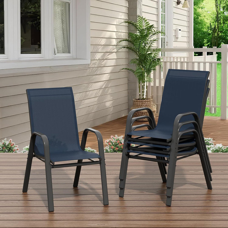 Set of 4/6 Outdoor Stackable Dining Chairs with PVC-coated polyester Fabric, High Back, 400 lbs Capacity, All-Weather Patio Chairs for Backyard, Poolside, Garden, Navy Blue