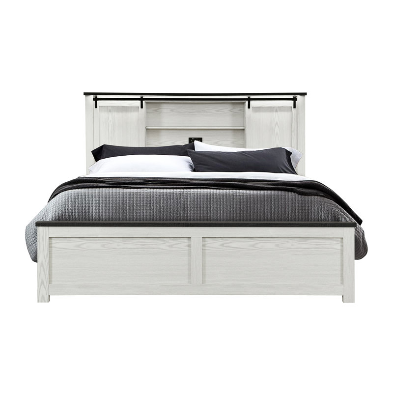 Structure de lit très grand beige avec tête de lit bibliothèque et barre noire, profil bas, fabrication en bois d'hévéa pour la chambre à coucher, style transitionnel, bois massif + bourre, profondeur 90,28 po, largeur 80,77 po, largeur 55,21 po