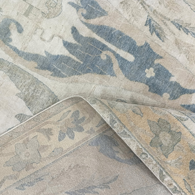 Hand Knotted Wool/Silk Oriental Area Rug in Ivory/Blue/Gray, Rectangle 9' x 12', Cream/Gold