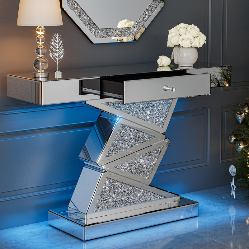 Mirrored Console Table With Led Light, 47.2'' Long Entryway Sofa Table With Triangular Base, Modern Accent Narrow Table With Large Drawer For Living Room, Hallway, Foyer, Entrance