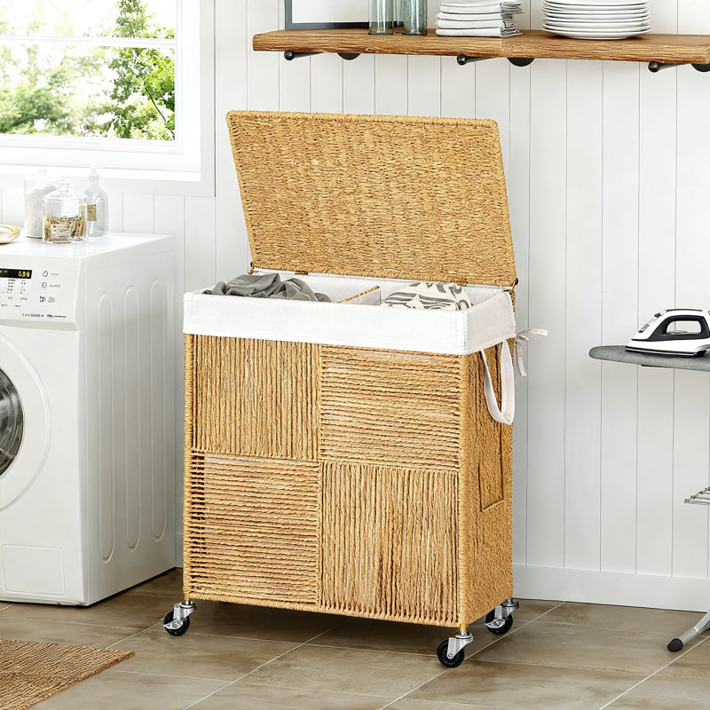 Double Laundry Hamper With Lid, Handwoven Rolling Laundry Basket With Wheels, 115L Dirty Clothes Hamper With Removable Liner Bag, Large Capacity Laundry Sorter For Laundry Room Organization, (Natural)