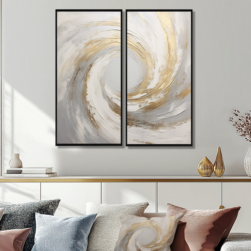 Vortex V doré doux et doré - impression sur toile à spirales abstraites, H 20 po x l 24 po, Impression encadrée flottante
