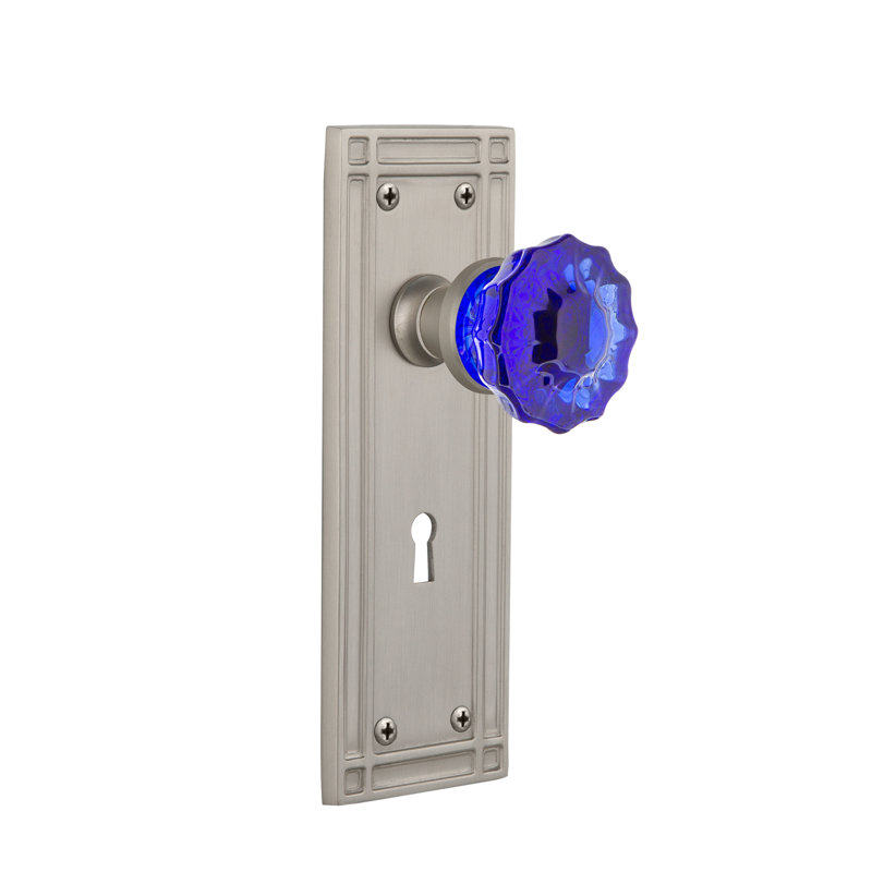 Mission Plate with Decorative Keyhole and Crystal Cobalt Door Knob, Satin Nickel, 2 3/8