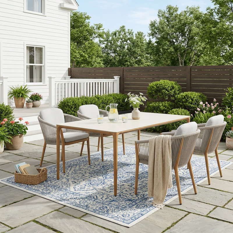 Modern Rope & Aluminum 4-Person Outdoor Dining Set with Cushions