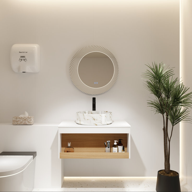 Meuble-lavabo flottant avec lavabo vasque à motif sable doré et tablette ouverte, 30"