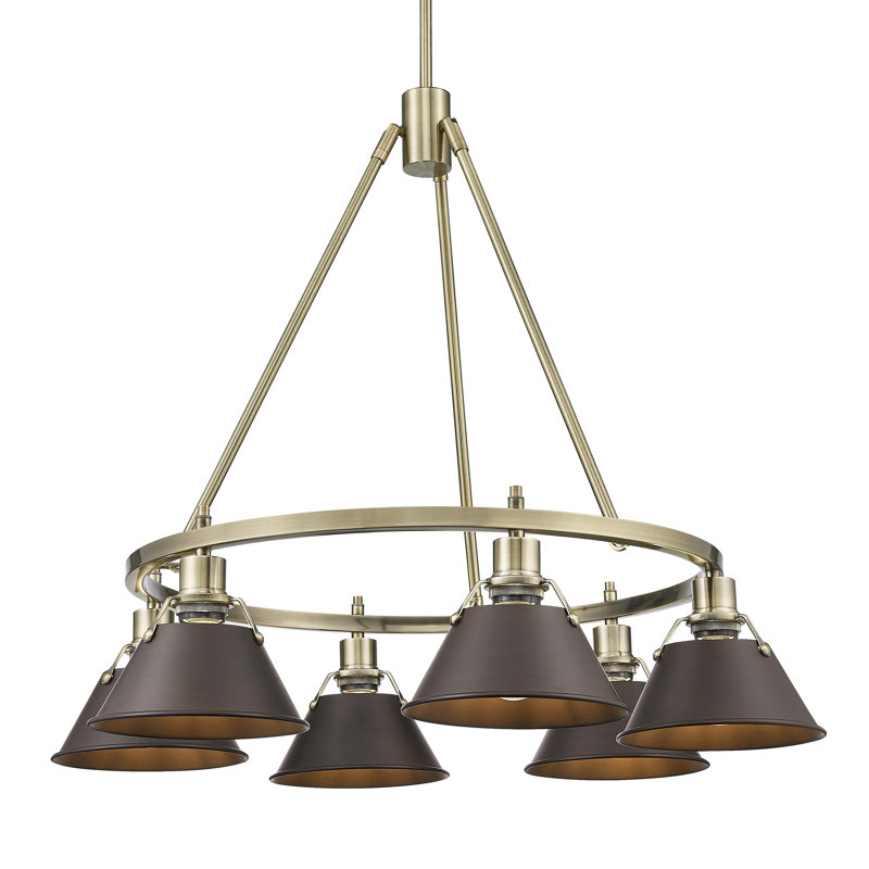 Felda 6 - Light Steel Dimmable Cone Chandelier, Aged Brass, Rubbed Bronze