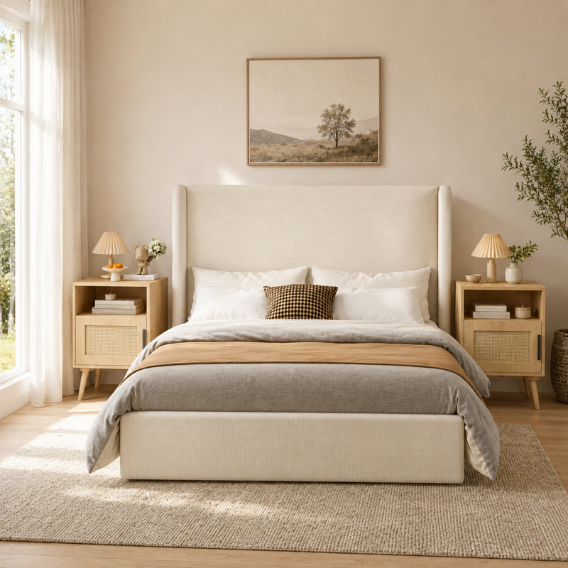 Ensemble de chambre à coucher 3 pièces - Lit plateforme tapissier avec tête de lit à oreilles de 54 po et table de chevet à 2 portes en rotin avec tablette ouverte