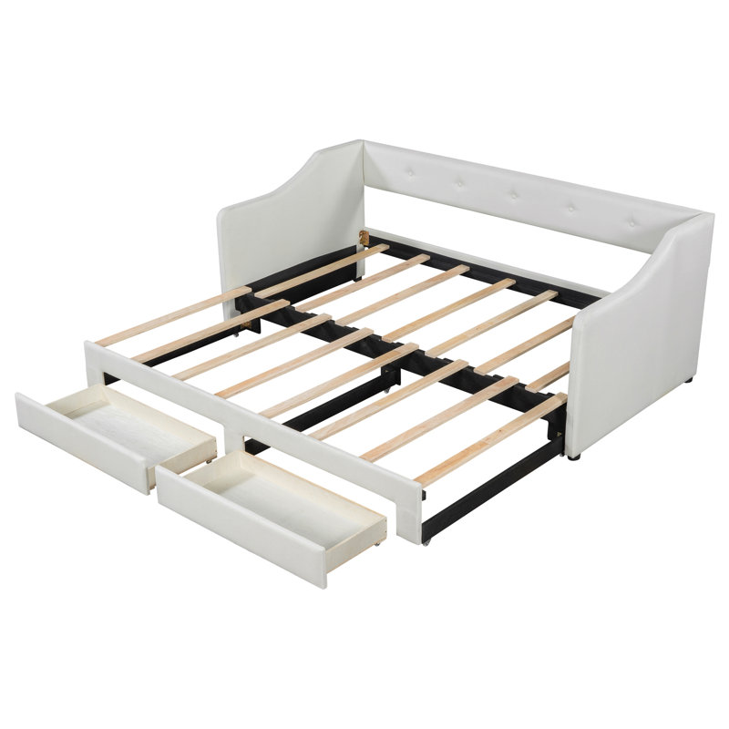 Twin Xl To King Size Upholstered Daybed With Two Drawers, Beige