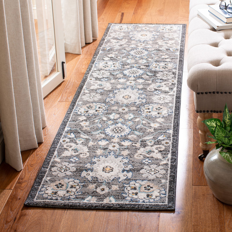 Tapis intérieur/extérieur gris foncé/ivoire oriental Slesnick, Tapis de couloir 2 pi x 8 pi