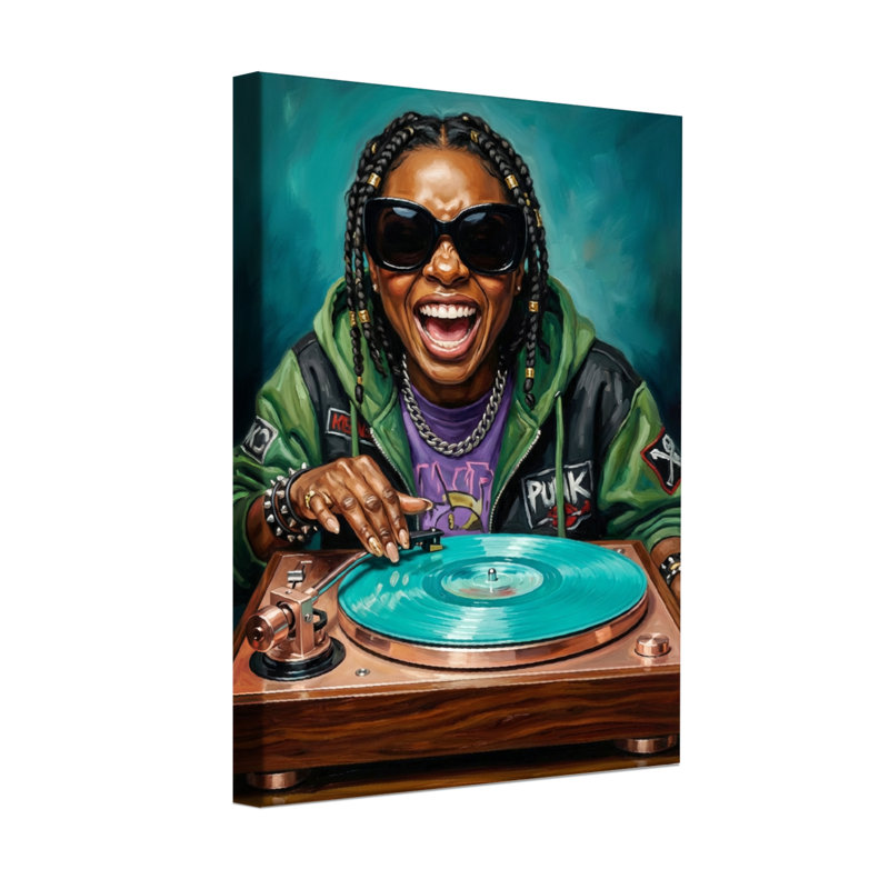 Abstrait dj avec tourne-disque et disque vinyle bleu, H 18 po x l 12 po