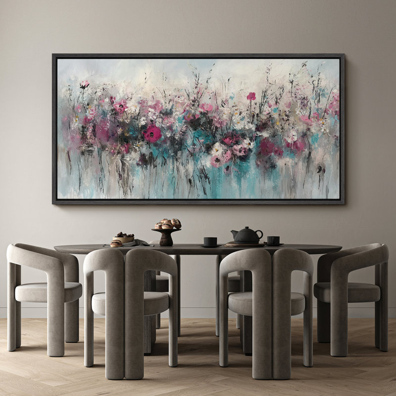 Impression abstraite sur toile abstraite à motif floral botanique, H 30 po x l 60 po, Noir, noir, noir, noir