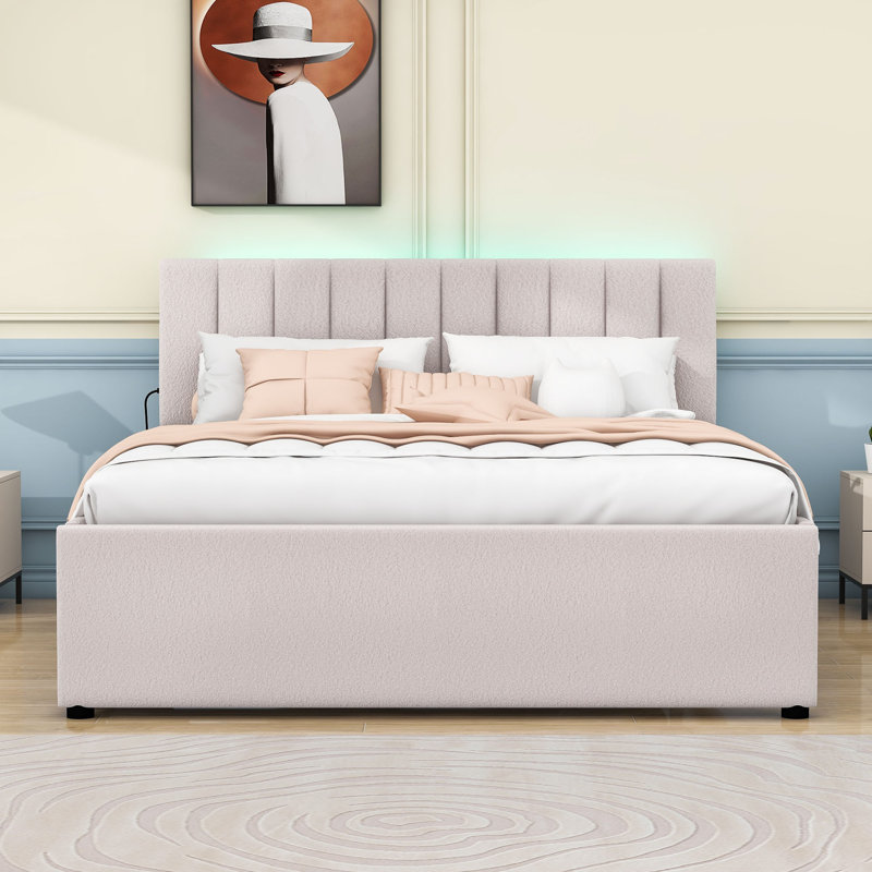 Lit plateforme tapissier avec lit gigogne et lumières DEL, Beige, Grand