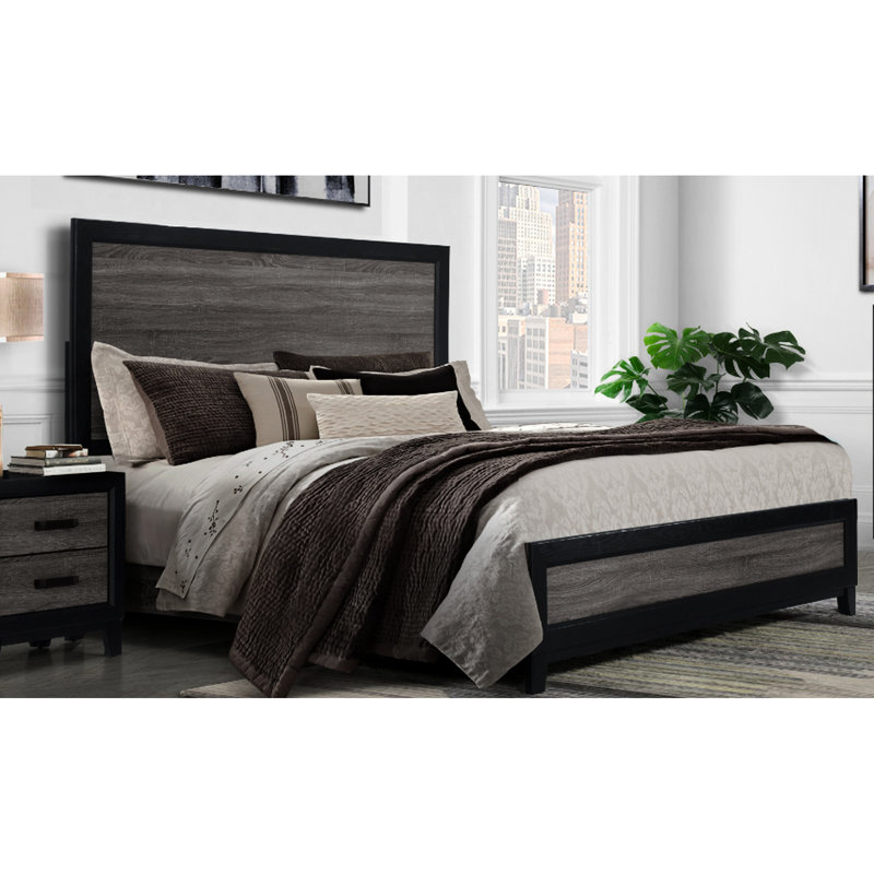 Lit simple avec une touche de design bicolore gris foncé et noir, en bois massif, incrustation de bois rustique, 4 lattes, profondeur de 77,66 po, largeur de 39,97 po, poids de 64,13 lb, hauteur de 57,82 po