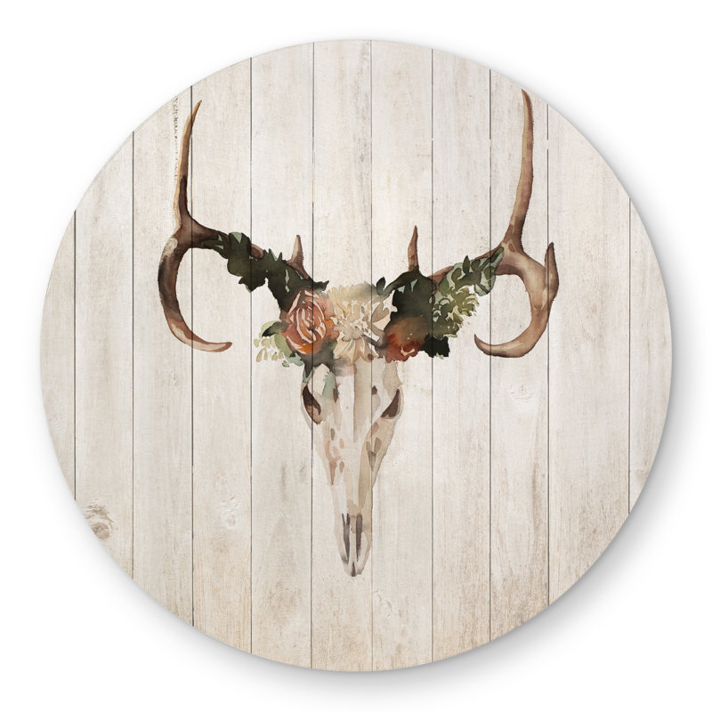 Mule Deer Skull with Roses - Rustic Round Outdoor Area Rug